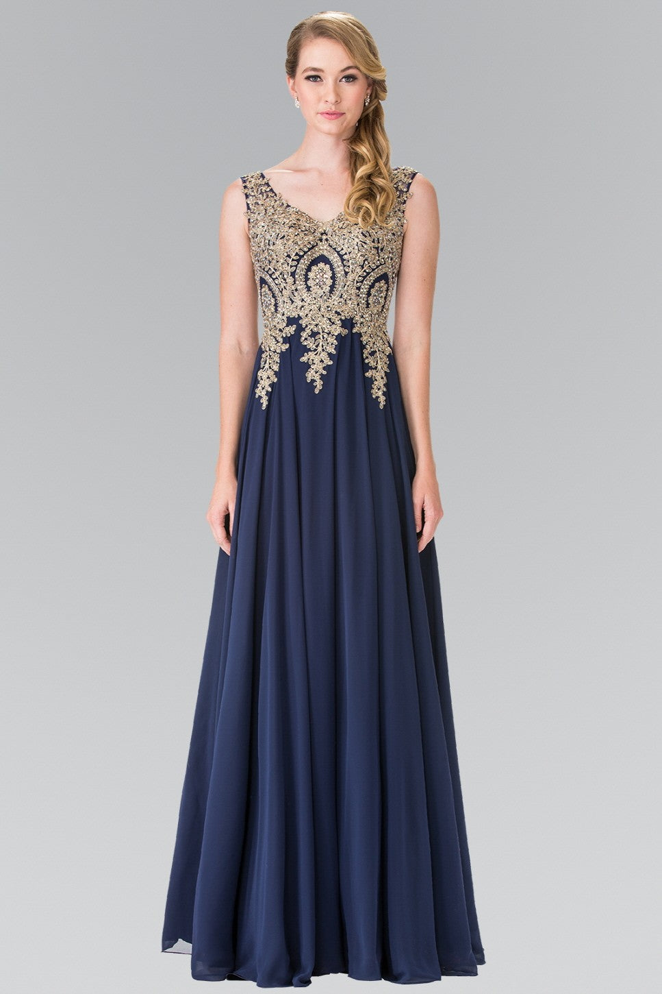 Navy V-Neck Embroidered Chiffon Long Dress