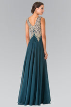 Teal V-Neck Embroidered Chiffon Long Dress