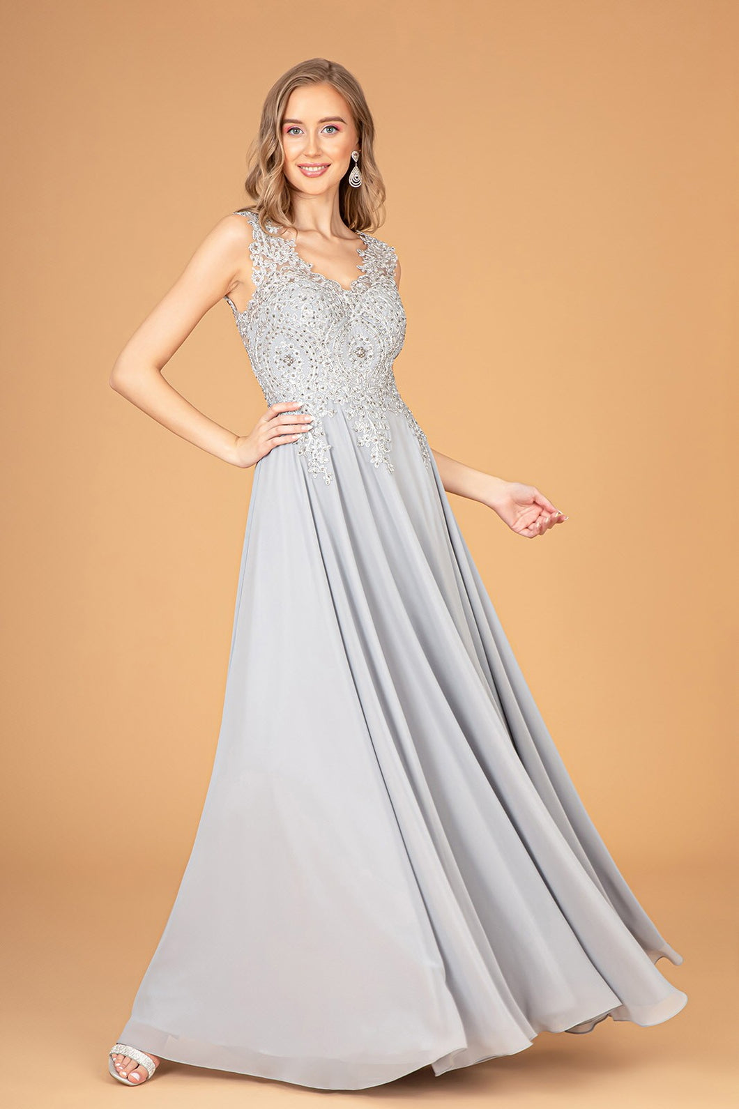 Silver V-Neck Embroidered Chiffon Long Dress