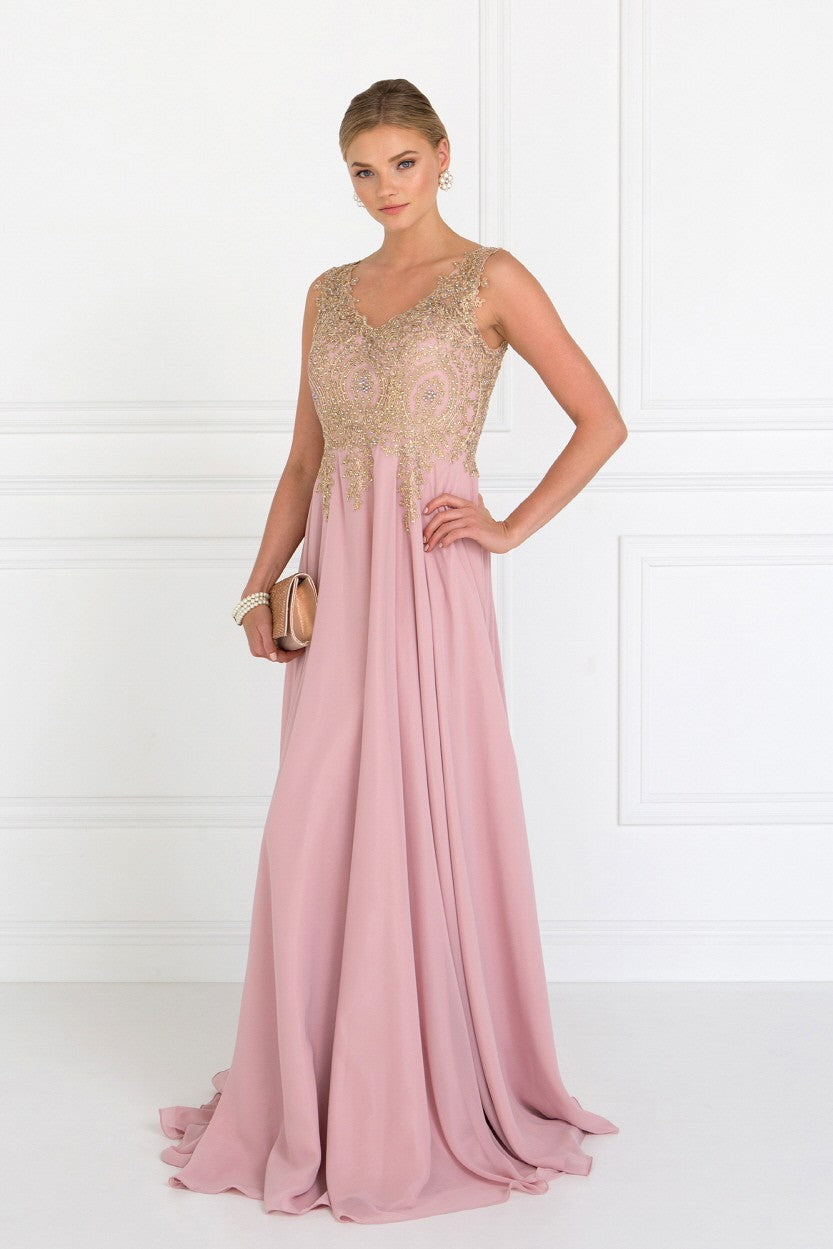 Rose V-Neck Embroidered Chiffon Long Dress
