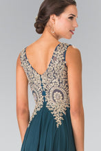 Teal V-Neck Embroidered Chiffon Long Dress