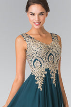 Teal V-Neck Embroidered Chiffon Long Dress