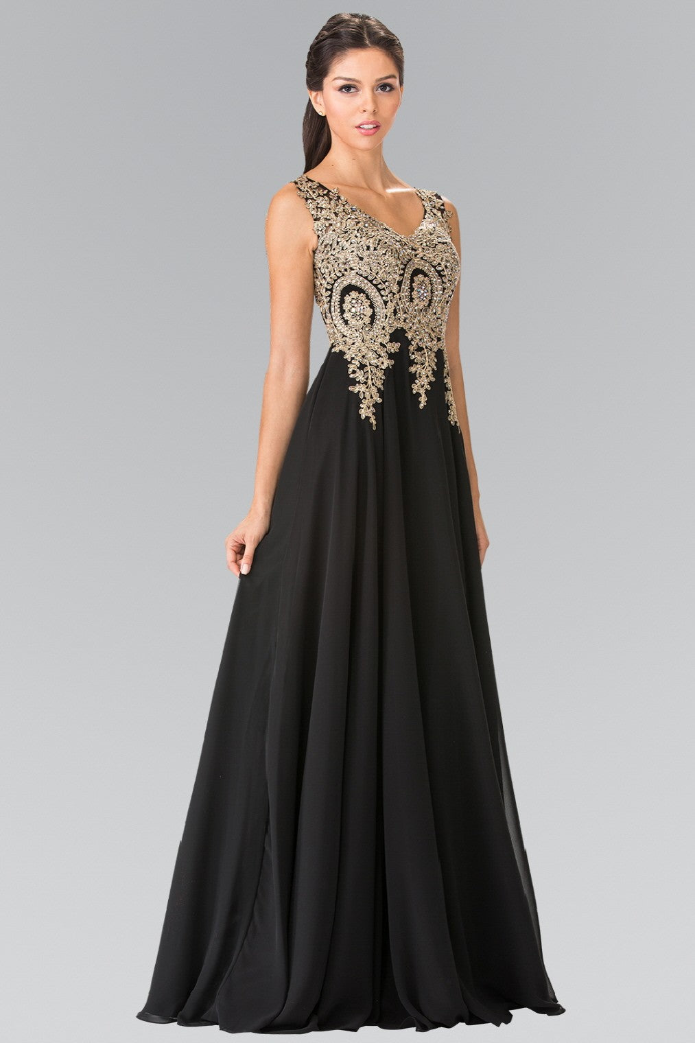Black V-Neck Embroidered Chiffon Long Dress