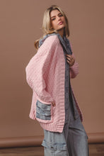 Blush/Denim Washed Checker Denim Zip Up Sweater Cardigan