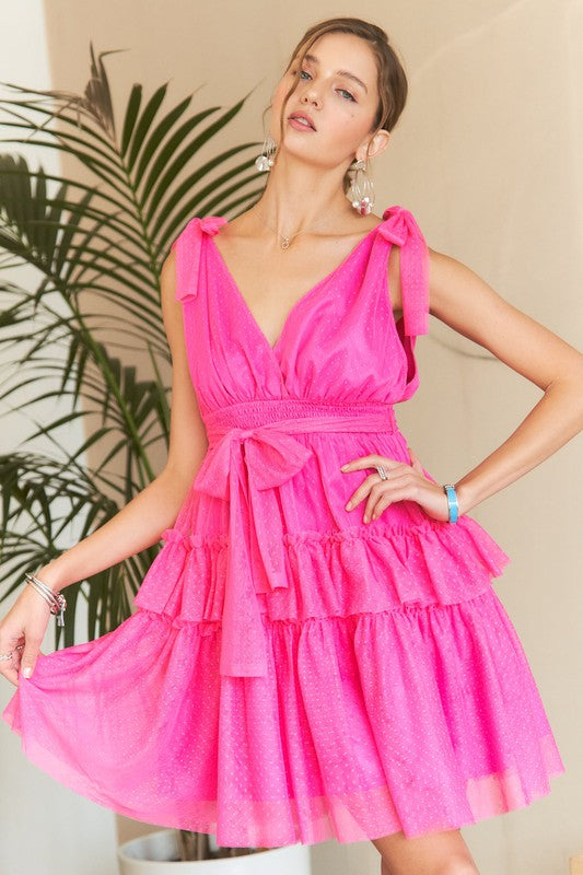 Fuchsia Tie Shoulder Polka Dot Mesh Dress – Aquarius Brand