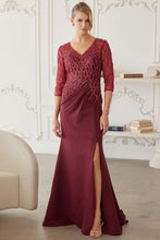 Burgundy Floor Length Mob Gown With 3/4 Sleeves V Neckline