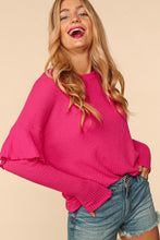 Fuchsia Drop Shoulder Ruffle Loose Fit Solid Knit Top
