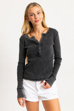 Black Acid Washed Half Placket Ribbed Knit Top