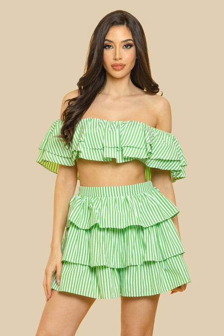 Green Off-Shouldeer Ruffled Top With Matching Ruffle Bot