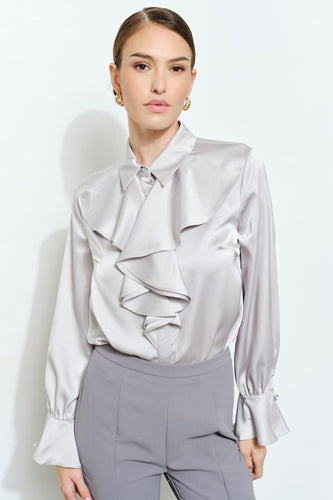 Silver Chic Satin Ruffled Jeweled Bell Sleeves Blouse Top