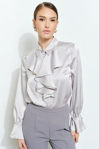 Silver Chic Satin Ruffled Jeweled Bell Sleeves Blouse Top