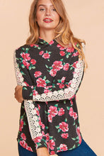 Floral Printw/Crochet Lace Knit Hooded Top