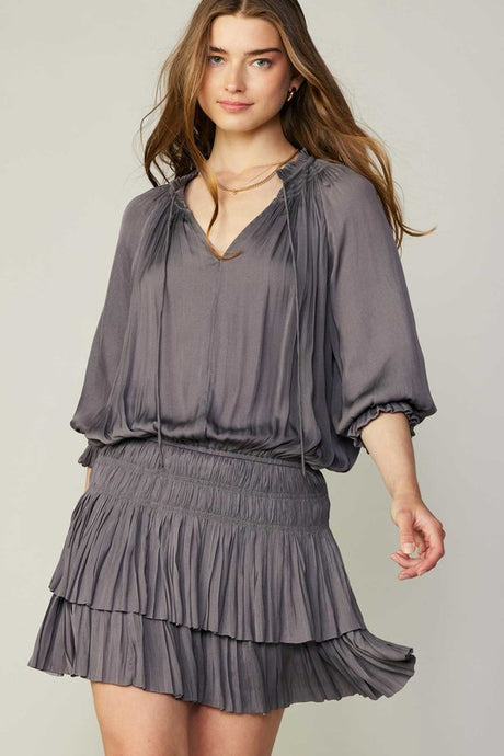 Taupe Grey Pleated 3-Quarter Sleeve Mini Dress