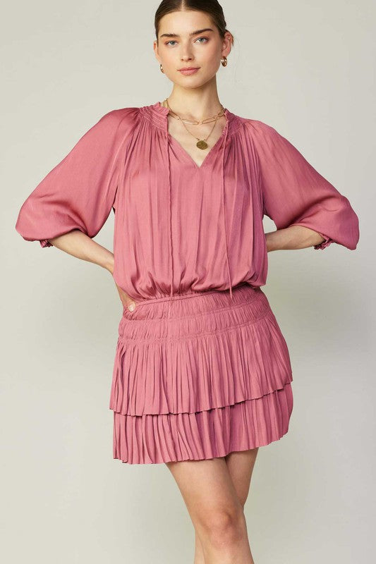 Rose Pleated 3-Quarter Sleeve Mini Dress