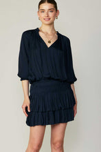 Navy Pleated 3-Quarter Sleeve Mini Dress