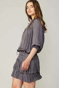 Taupe Grey Pleated 3-Quarter Sleeve Mini Dress