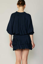 Navy Pleated 3-Quarter Sleeve Mini Dress
