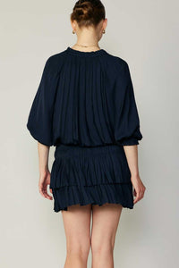 Navy Pleated 3-Quarter Sleeve Mini Dress