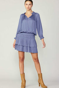 Dusty Blue Pleated 3-Quarter Sleeve Mini Dress