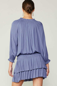 Dusty Blue Pleated 3-Quarter Sleeve Mini Dress