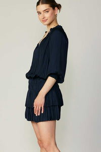 Black Pleated 3-Quarter Sleeve Mini Dress
