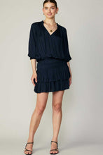 Navy Pleated 3-Quarter Sleeve Mini Dress