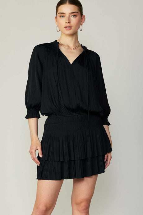 Black Pleated 3-Quarter Sleeve Mini Dress