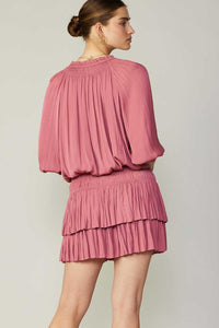 Rose Pleated 3-Quarter Sleeve Mini Dress