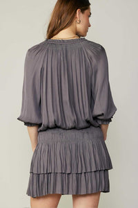 Taupe Grey Pleated 3-Quarter Sleeve Mini Dress