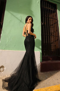Black Tulle Embroidered Evening Gown