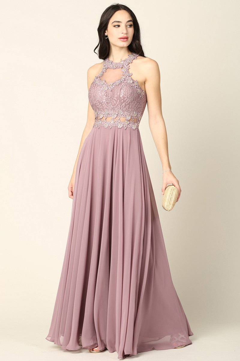 Mauve Laced Halter Top A Line Chiffon Gown