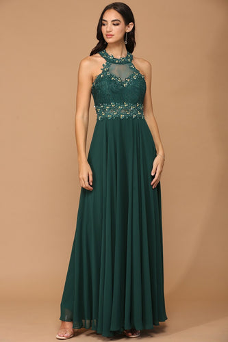 H.Green Laced Halter Top A Line Chiffon Gown