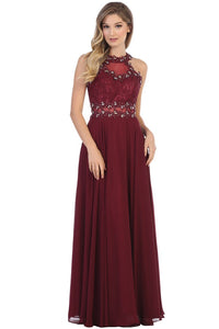 Burgundy Laced Halter Top A Line Chiffon Gown