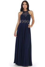 Navy Laced Halter Top A Line Chiffon Gown