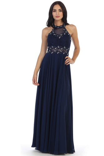 Navy Laced Halter Top A Line Chiffon Gown