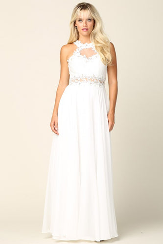 Off White Laced Halter Top A Line Chiffon Gown