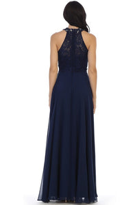 Navy Laced Halter Top A Line Chiffon Gown