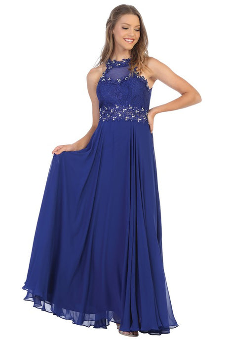 Royal Blue Laced Halter Top A Line Chiffon Gown