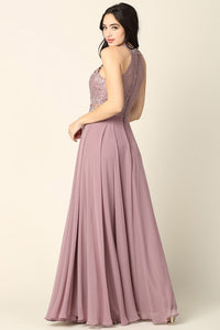 Mauve Laced Halter Top A Line Chiffon Gown