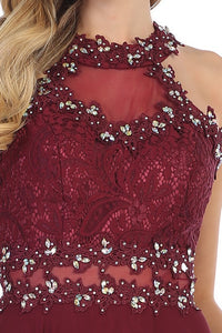 Burgundy Laced Halter Top A Line Chiffon Gown