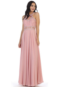 Dusty Rose Laced Halter Top A Line Chiffon Gown
