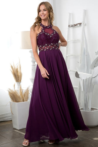 Plum Laced Halter Top A Line Chiffon Gown