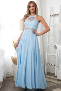 Ice Blue Laced Halter Top A Line Chiffon Gown