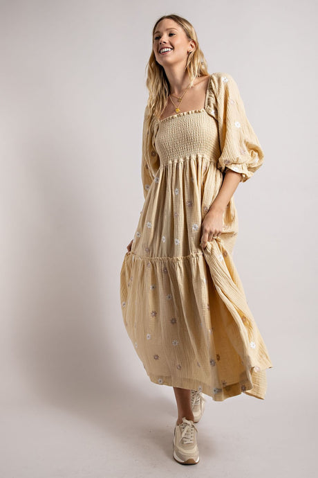 Beige Gauze Embroidery Smocking Tiered Gradient Dress