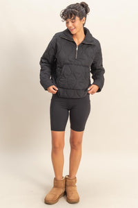 Black Quilted Half Zip High Neck Pullover