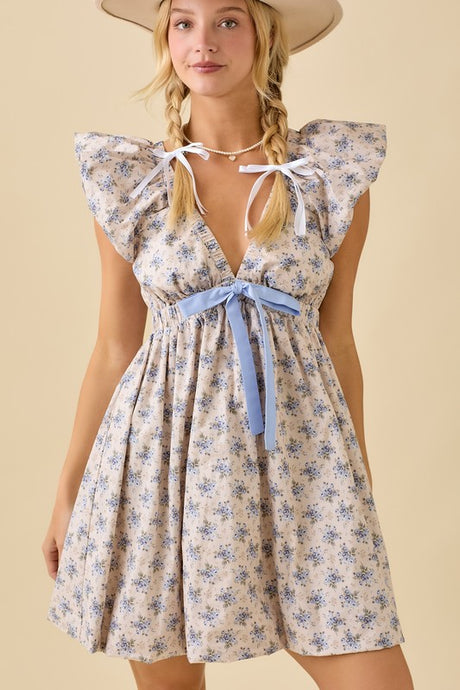 Light Grey Deep V-neck Mini Dress With Bubble Sleeve And Hem
