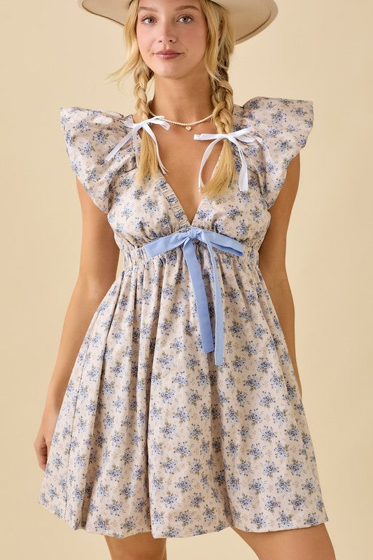 Light Grey Deep V-neck Mini Dress With Bubble Sleeve And Hem