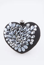 Black Crystal Flower Statement Satin Heart Clutch