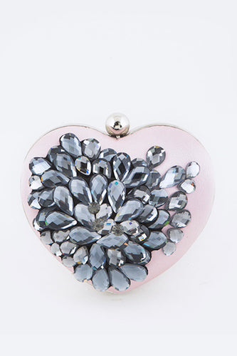 Pink Crystal Flower Statement Satin Heart Clutch