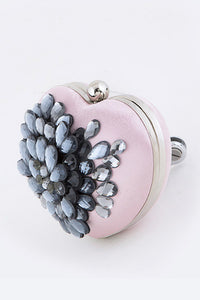 Black Crystal Flower Statement Satin Heart Clutch